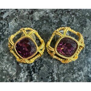 Swarovski Gold-Tone Clip Earrings With Purple Crystal Stone & Twisted Rope Desig